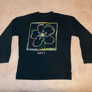 OBEY Crayon Men's Crewneck Sweatshirt Colorful Flower XXLx Black Long Sleeve